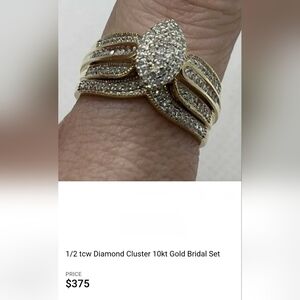 SOLD Gold and Silver Diamond Cluster Bridal Ring Set